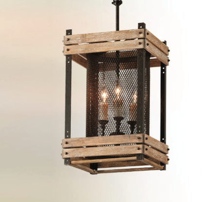 Rusty iron light with salvaged wood slats